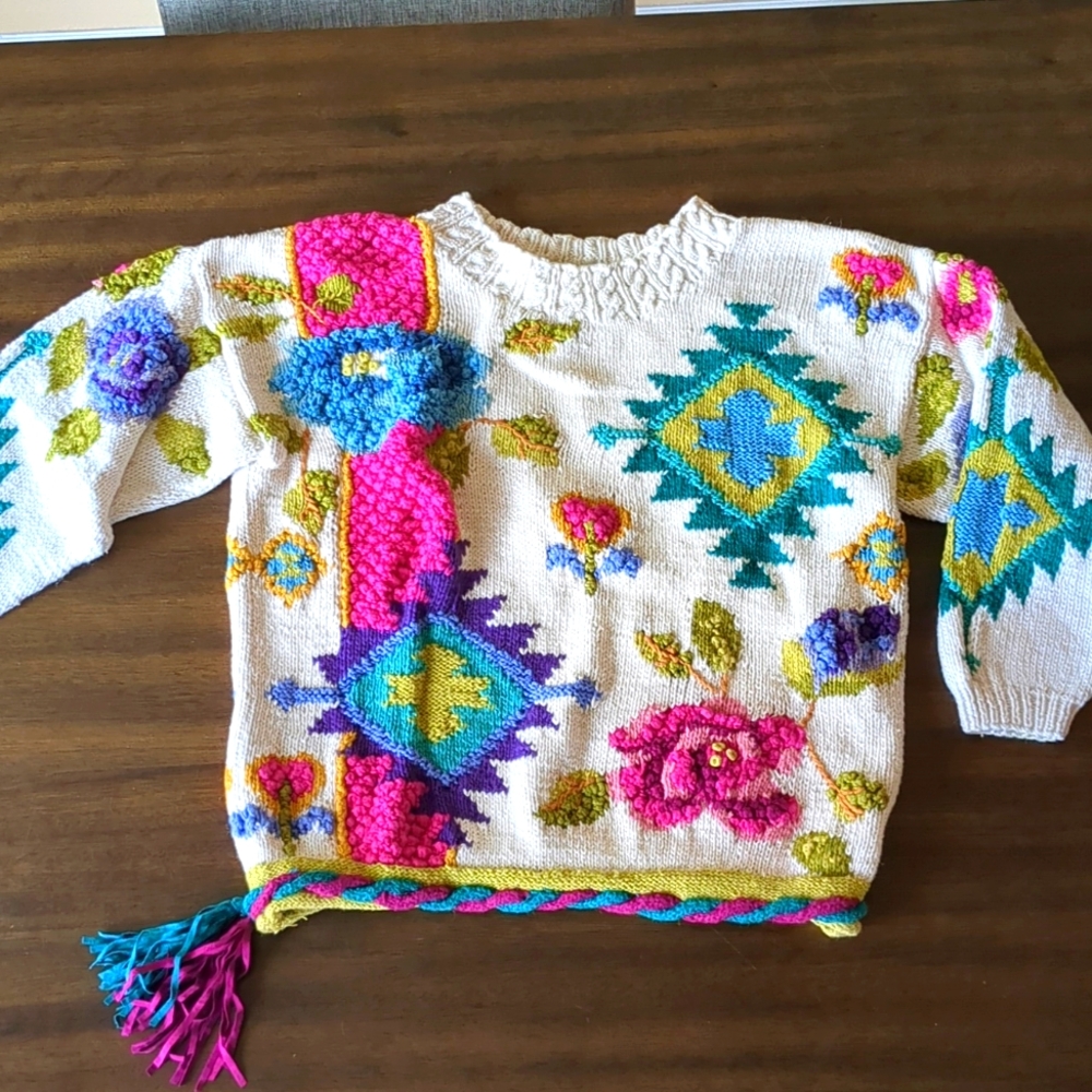 Colorful, Vintage Knit Sweater with Floral Patterns